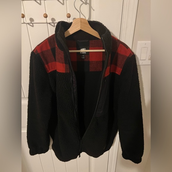Roots Sherpa Zip Up Sweater Jacket | Size: Medium | Colour: Black/Plaid - Picture 2 of 3